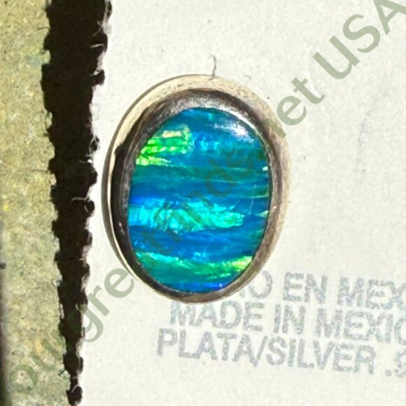 Sterling Silver & Blue Opal Pierced Post Stud Earrings Mexico - Picture 5 of 5